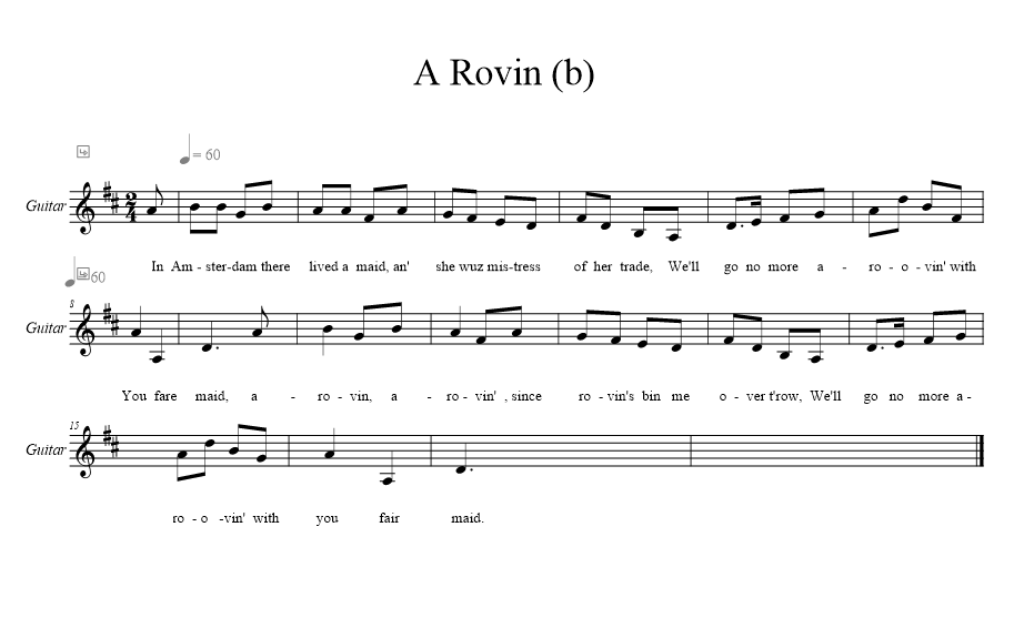 a-rovin-b - sea shanty musical notation