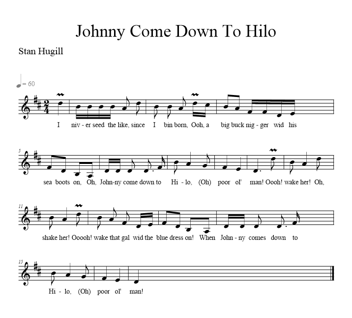 Johnny Come Down To Hilo - music notation