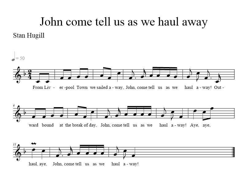 John come tell us as we haul away - music notation
