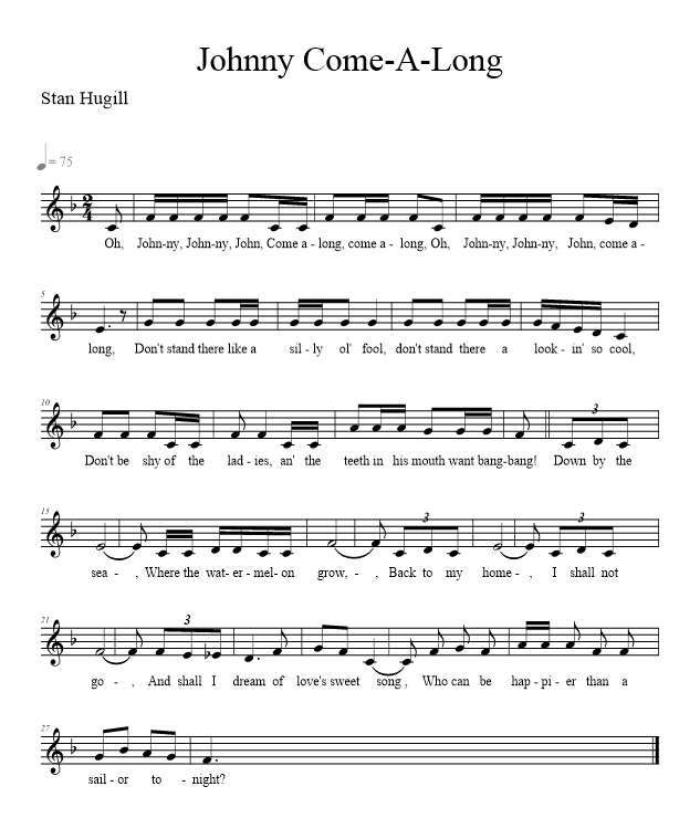 Johnny Come-A-Long - music notation