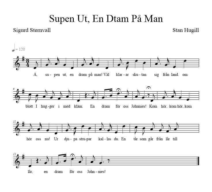 Supen Ut, En Dtam På Man - music notation