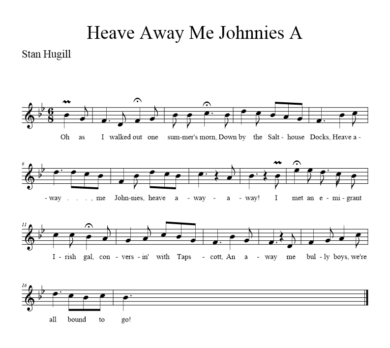 Heave Away Me Johnnies A - music notation